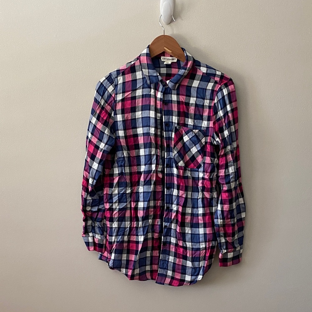 Women’s Pink and Blue Plaid Button Down Shirt